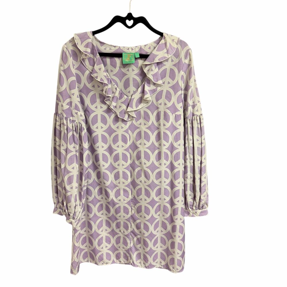 Jules Reid Pure Cotton Purple White Peace Sign Print Long Sleeve Dress Large